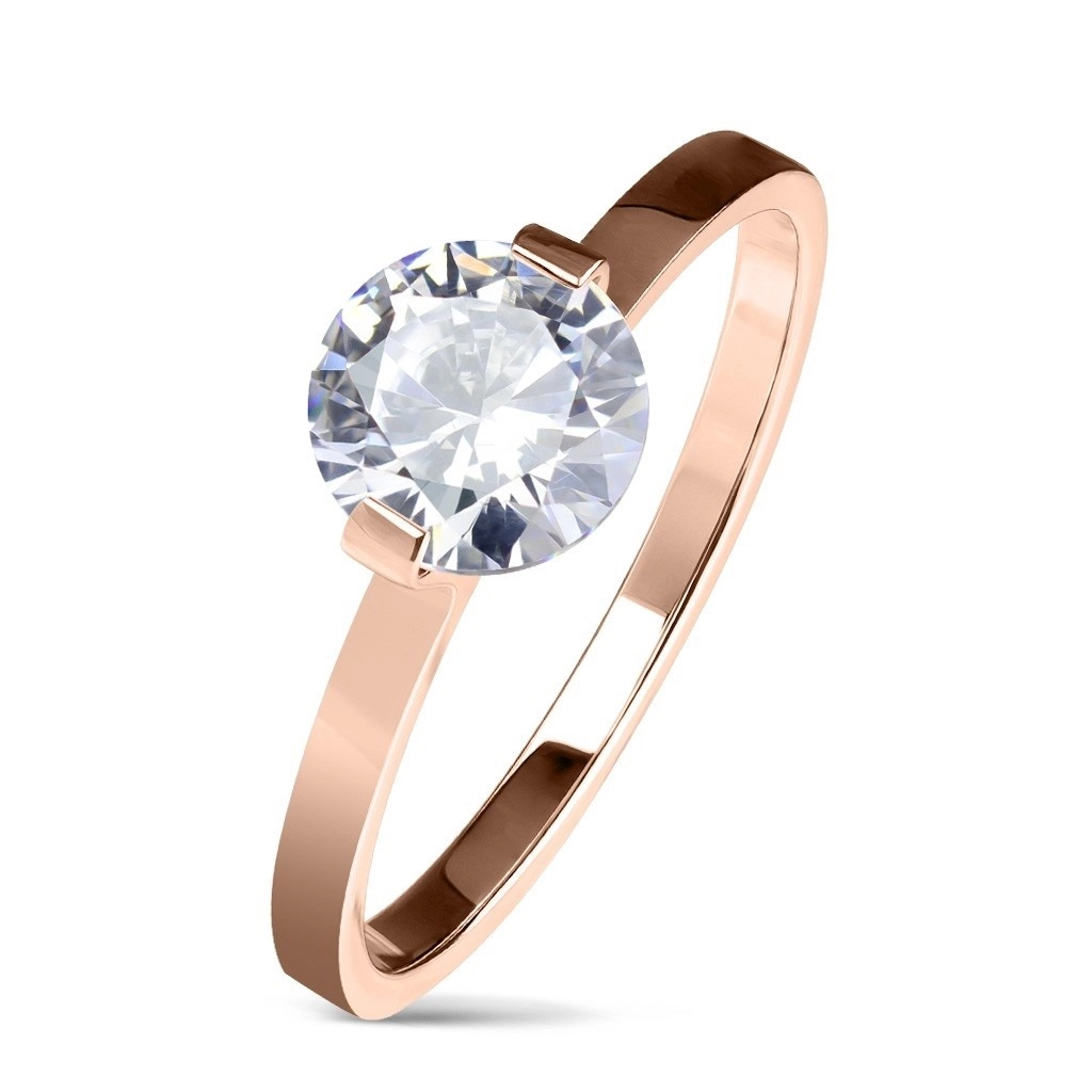 Oceľový zásnubný prsteň medenej farby, okrúhly číry zirkón, lesklé ramená - Veľkosť: 49 mm