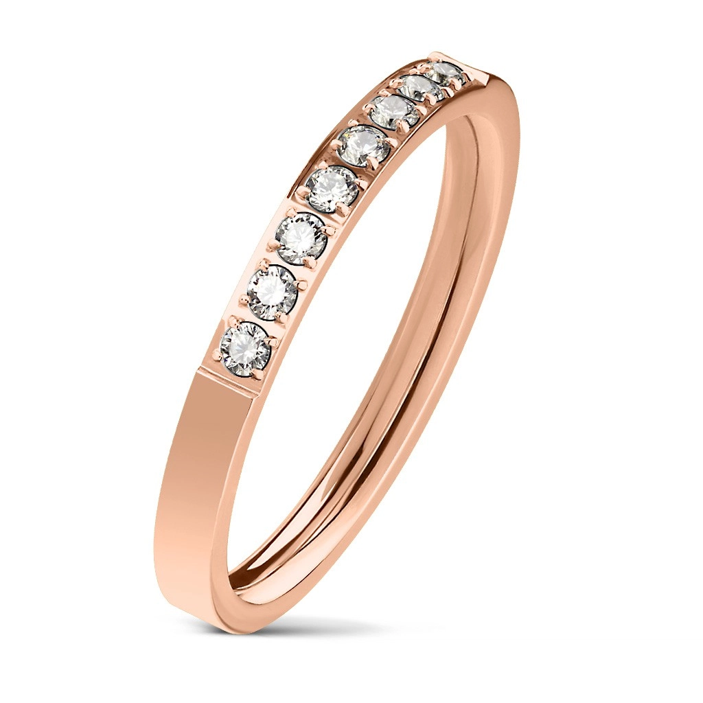 Oceľový prsteň medenej farby, línia čírych zirkónov, lesklý povrch, 2,5 mm - Veľkosť: 60 mm