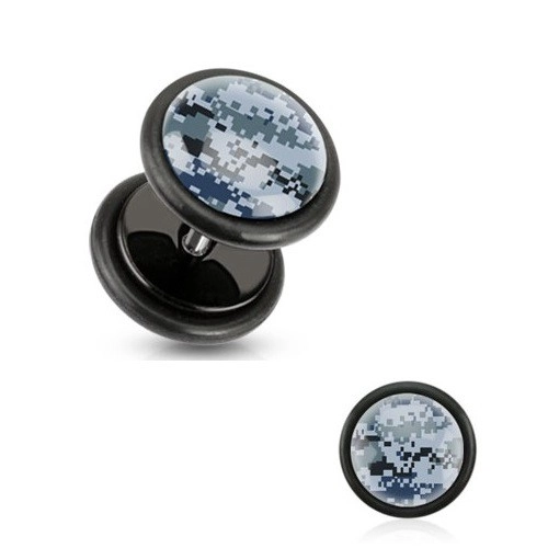 E-shop Šperky Eshop - Čierny akrylový fake plug, pixelový maskáčový vzor, čierne gumičky W14.15