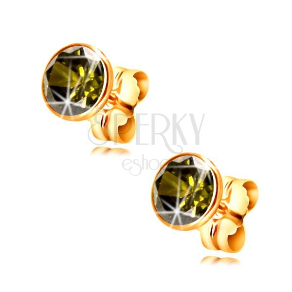 Zlaté 14K náušnice - okrúhly zirkón olivovej farby v objímke, 5 mm
