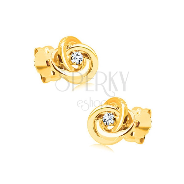 Diamantové náušnice zo žltého zlata 585 - uzol z troch prstencov, číry briliant
