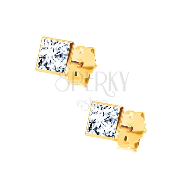 Zlaté puzetové náušnice 585 - štvorcový číry zirkón v objímke, 4 mm