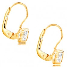 Zlaté 14K náušnice - štvorcová objímka so zárezmi, brúsený číry zirkón, 3 mm