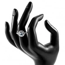 Strieborný prsteň 925 - zirkón akvamarínovej farby, ornamenty, číre zirkóniky