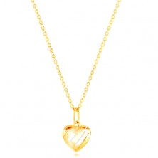 Zlatý prívesok 14K - srdce so šikmými pásmi z bieleho zlata, zárezy po obvode