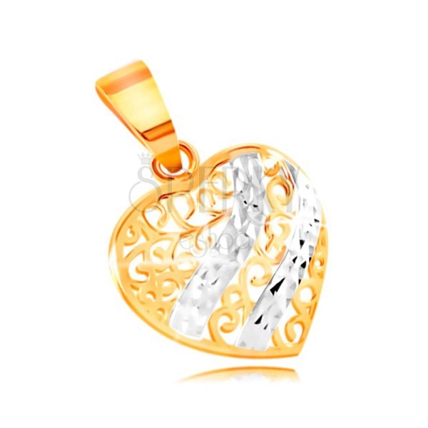 Zlatý prívesok 585 - vypuklé srdce zdobené filigránom a vlnkami z bieleho zlata