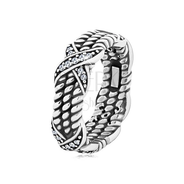 Patinovaný strieborný prsteň 925, motív točeného lana, krížiky so zirkónmi