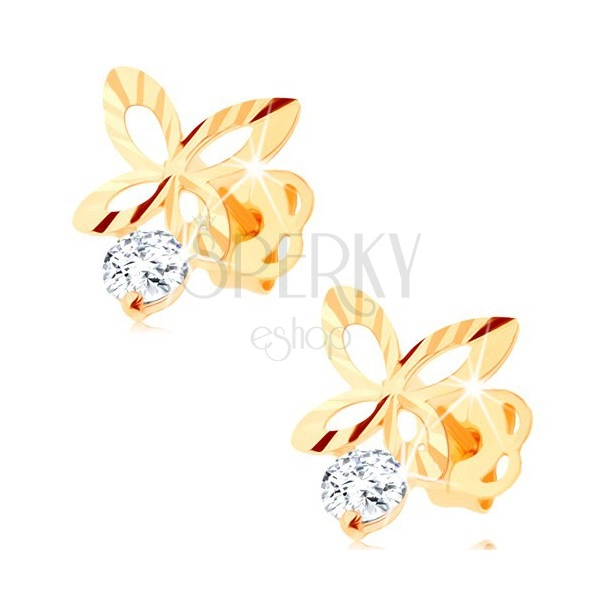 Briliantové zlaté náušnice 585 - ligotavý obrys motýľa, číry diamant