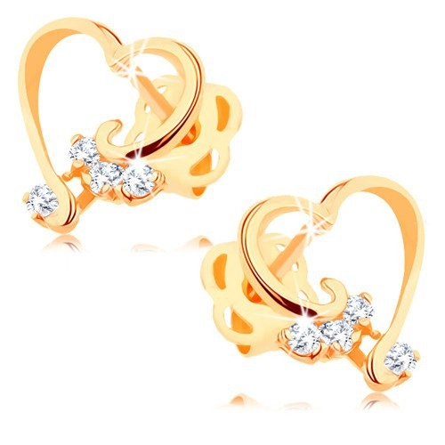E-shop Šperky Eshop - Briliantové náušnice zo 14K zlata - lesklá kontúra srdca, číre diamanty BT503.51