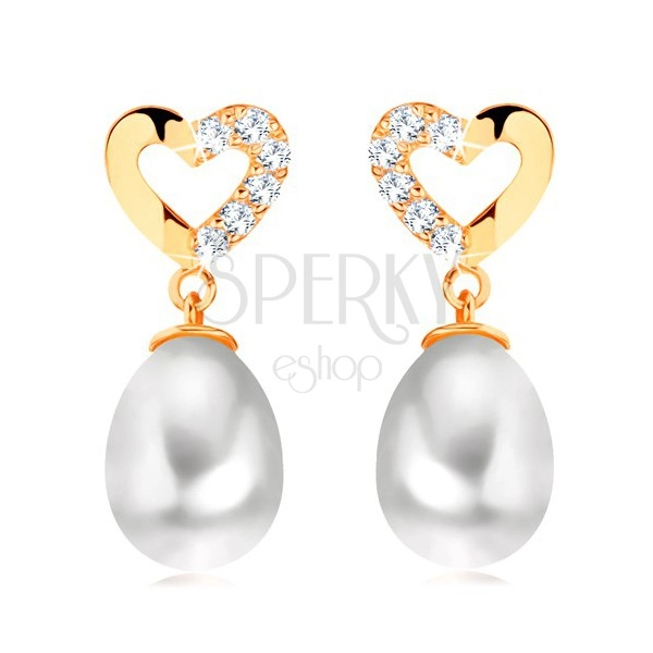 Diamantové náušnice zo žltého 14K zlata - kontúra srdca s briliantmi, oválna perla