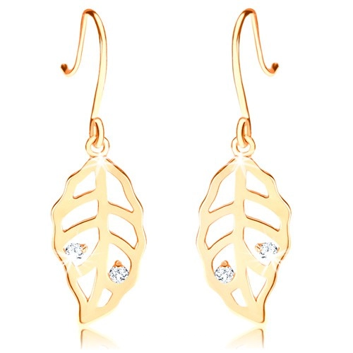 E-shop Šperky Eshop - Briliantové zlaté náušnice 585 - listy zdobené výrezmi a čírymi diamantmi S3BT503.43