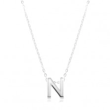 Strieborný 925 náhrdelník, lesklá retiazka, veľké tlačené písmenko N
