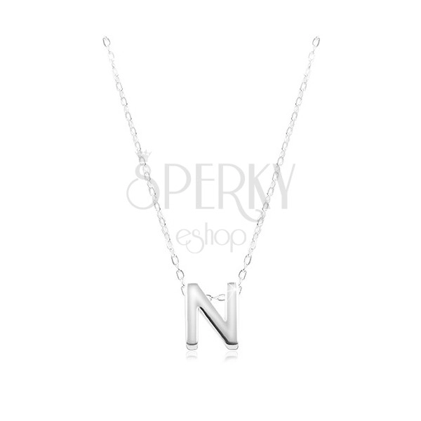 Strieborný 925 náhrdelník, lesklá retiazka, veľké tlačené písmenko N