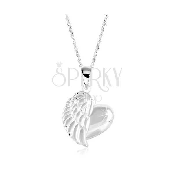 Strieborný náhrdelník 925, lesklé srdce s anjelským krídlom, točená retiazka