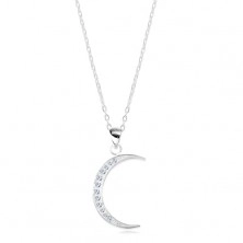 Strieborný 925 náhrdelník, lesklá retiazka, úzky cíp mesiaca vykladaný zirkónmi