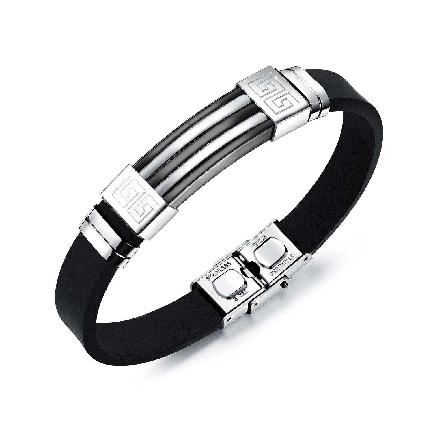 E-shop Šperky Eshop - Čierny gumený náramok, oceľová známka s gréckym kľúčom a pásmi SP31.26