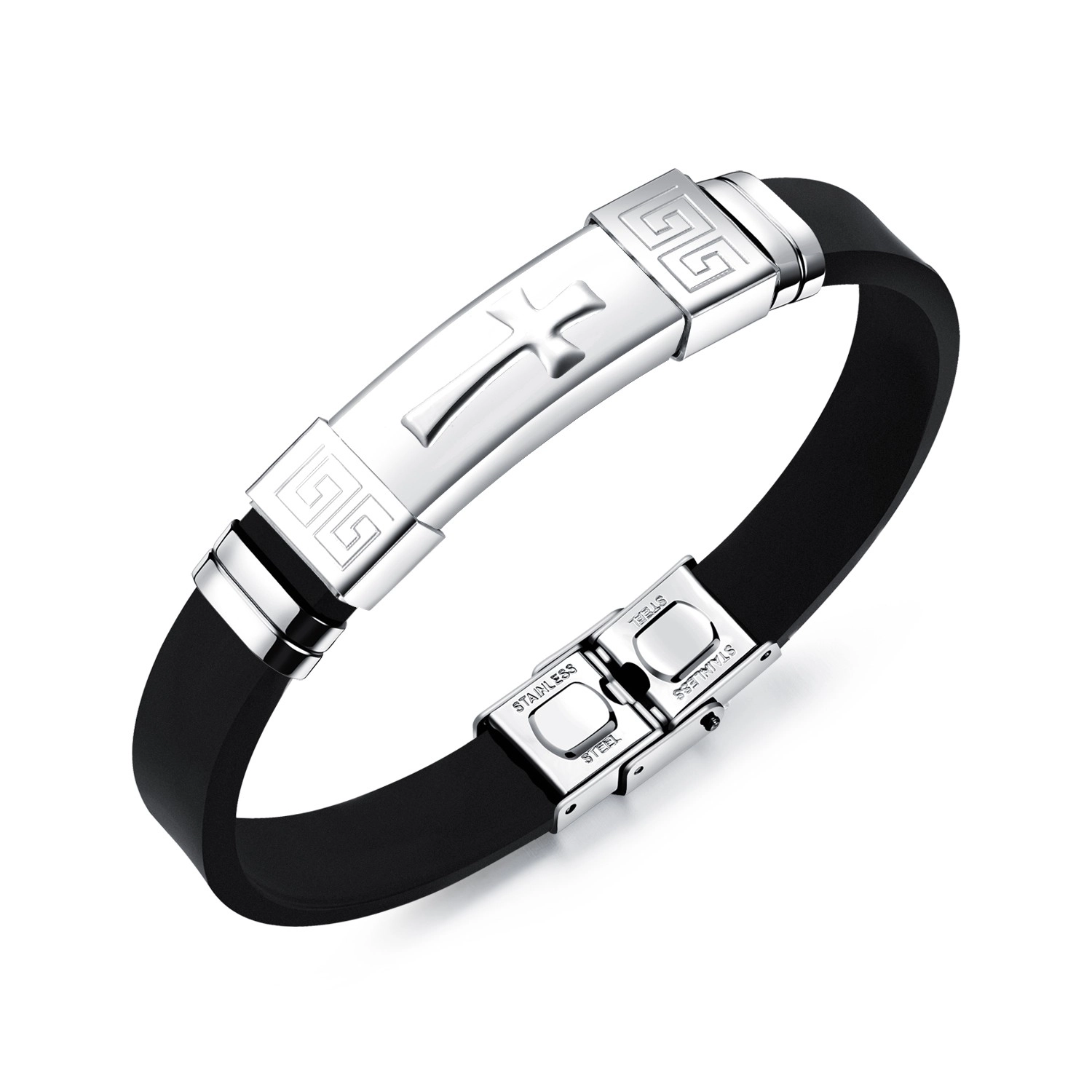 E-shop Šperky Eshop - Čierny gumený náramok, oceľová známka s gréckym kľúčom a krížom S43.19