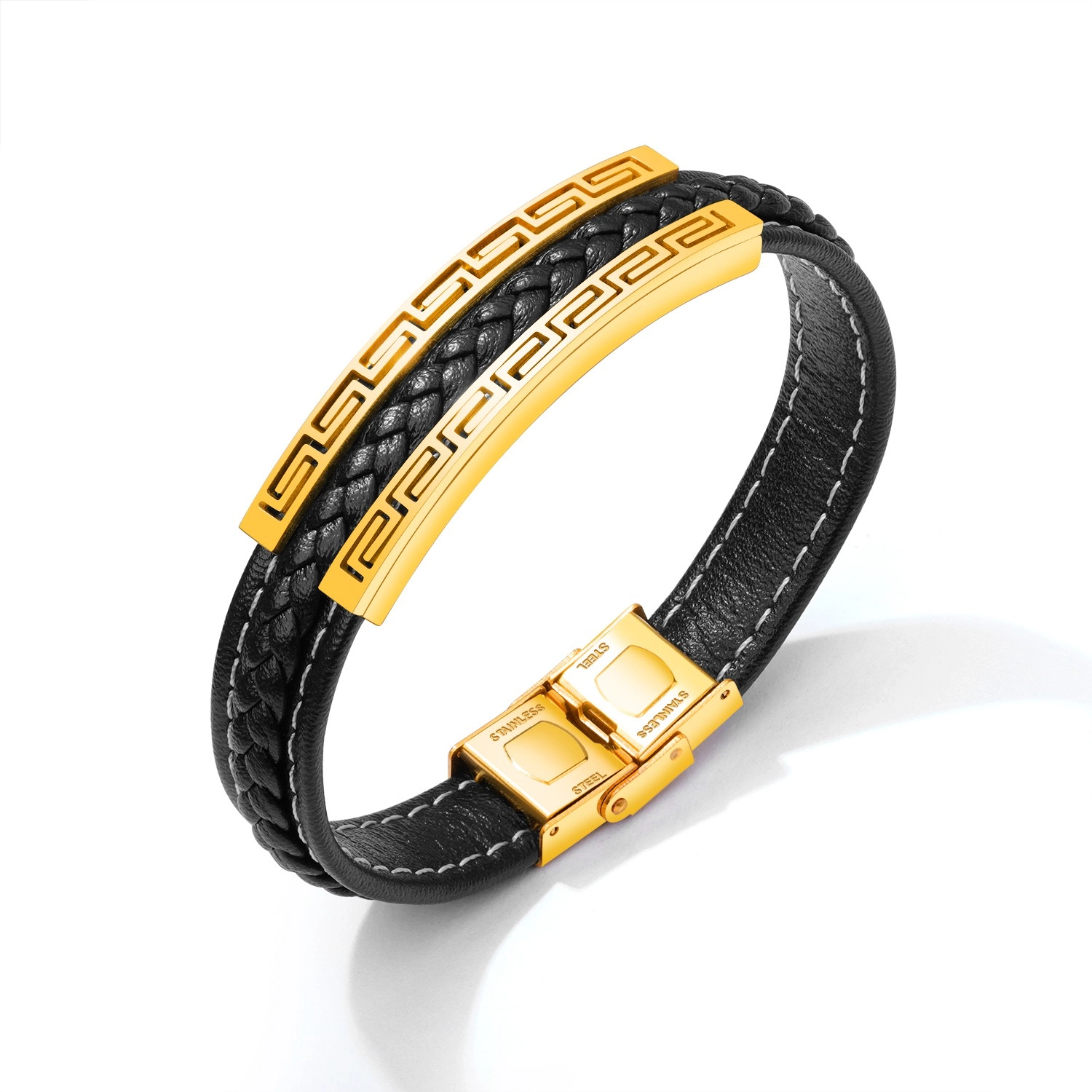 E-shop Šperky Eshop - Čierny koženkový náramok, oceľová známka zlatej farby - grécky kľúč SP53.16