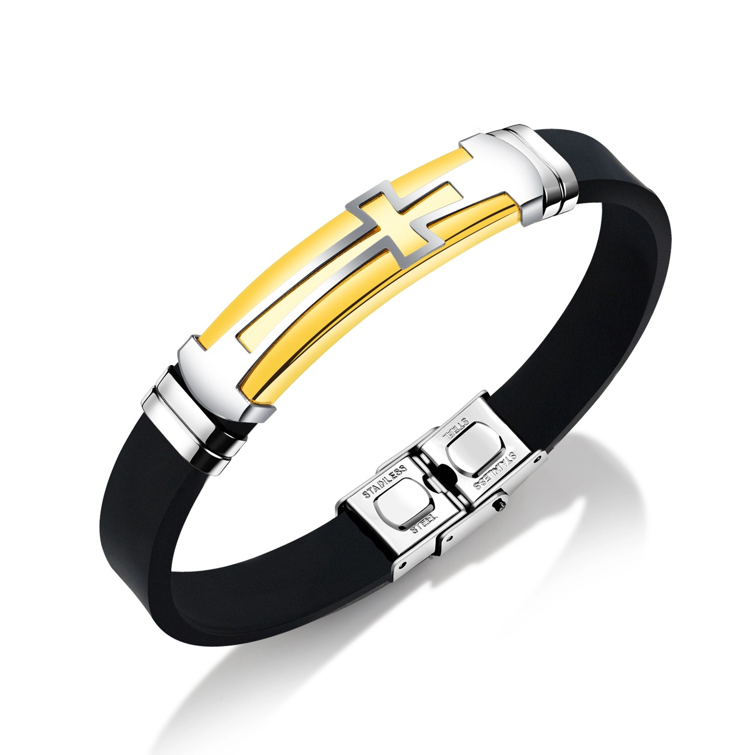 E-shop Šperky Eshop - Oceľovo-gumený náramok, čierny remienok, dvojfarebná známka s obrysom kríža SP68.10