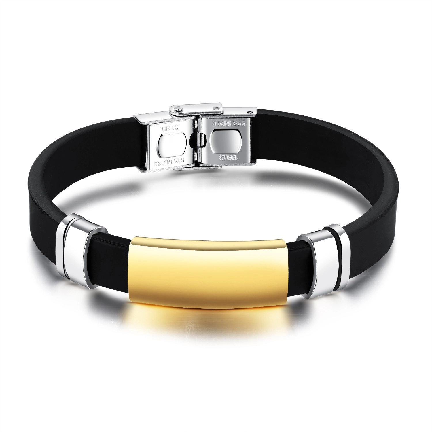 E-shop Šperky Eshop - Čierny gumený náramok, lesklá hladká známka z ocele zlatej farby SP68.15