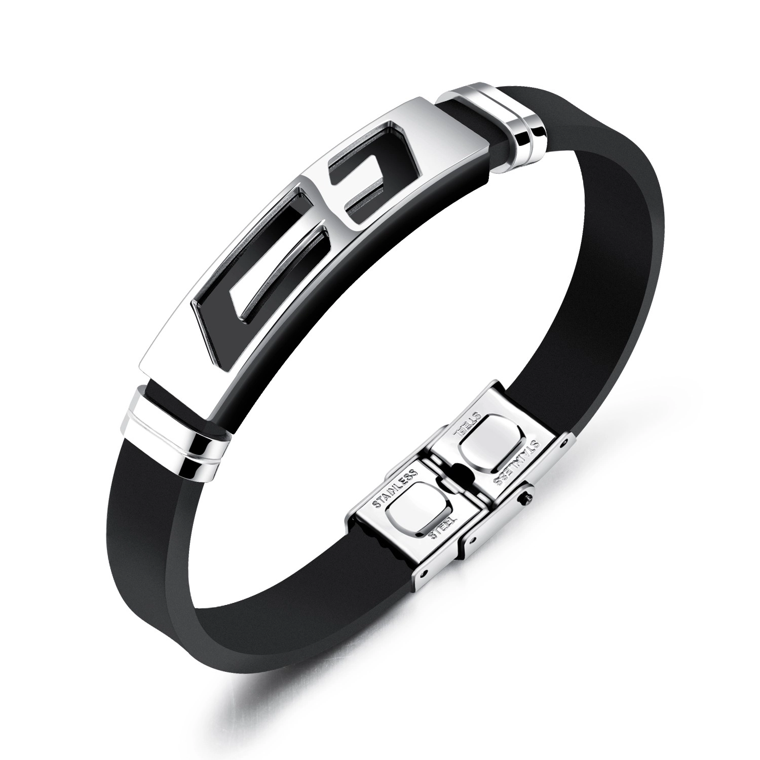 E-shop Šperky Eshop - Oceľovo-gumený náramok, čierny remienok, známka s krížom striebornej farby SP68.23