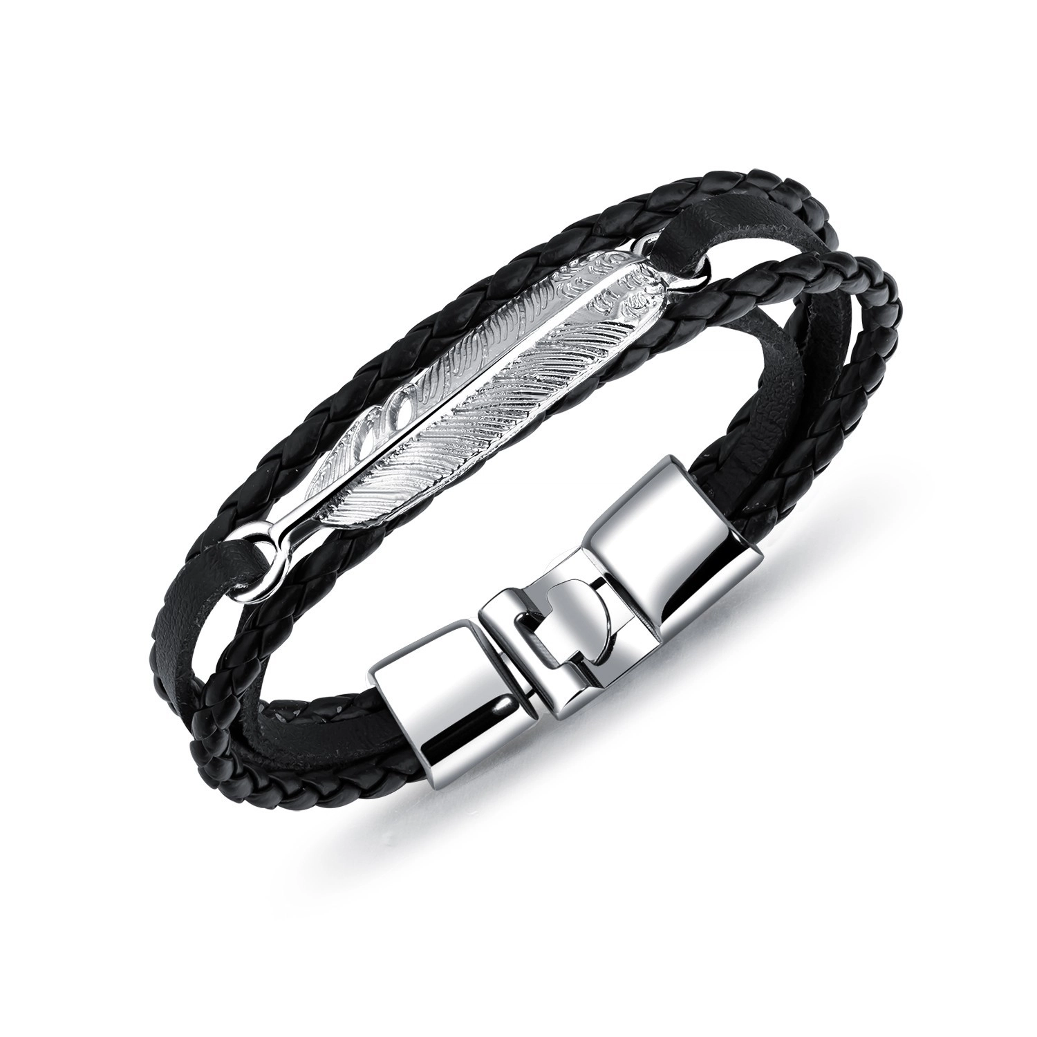 E-shop Šperky Eshop - Čierny koženkový náramok s pierkom striebornej farby, pletené pásy SP74.02