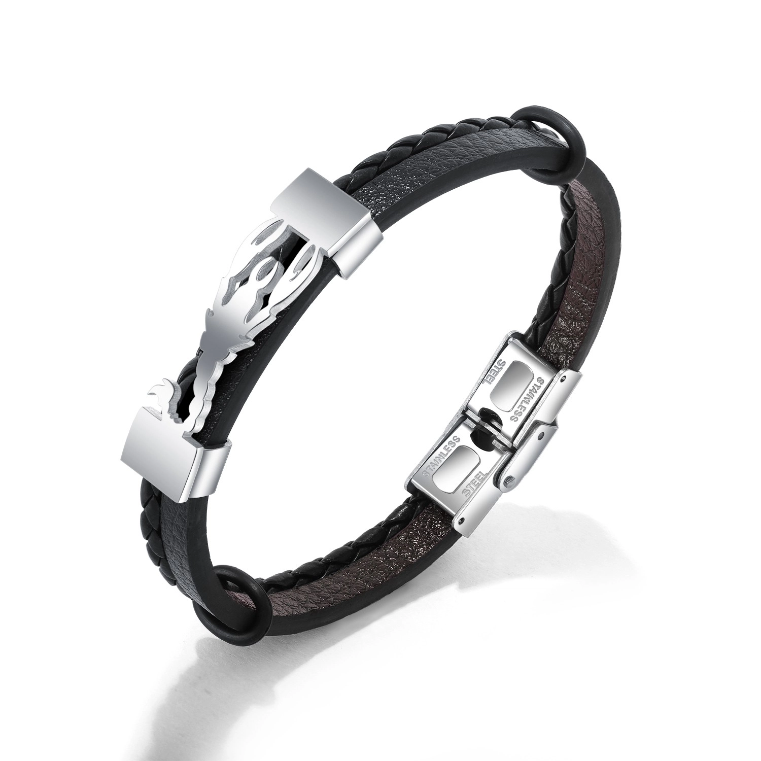 E-shop Šperky Eshop - Čierny náramok z umelej kože, oceľová známka striebornej farby - škorpión SP79.08