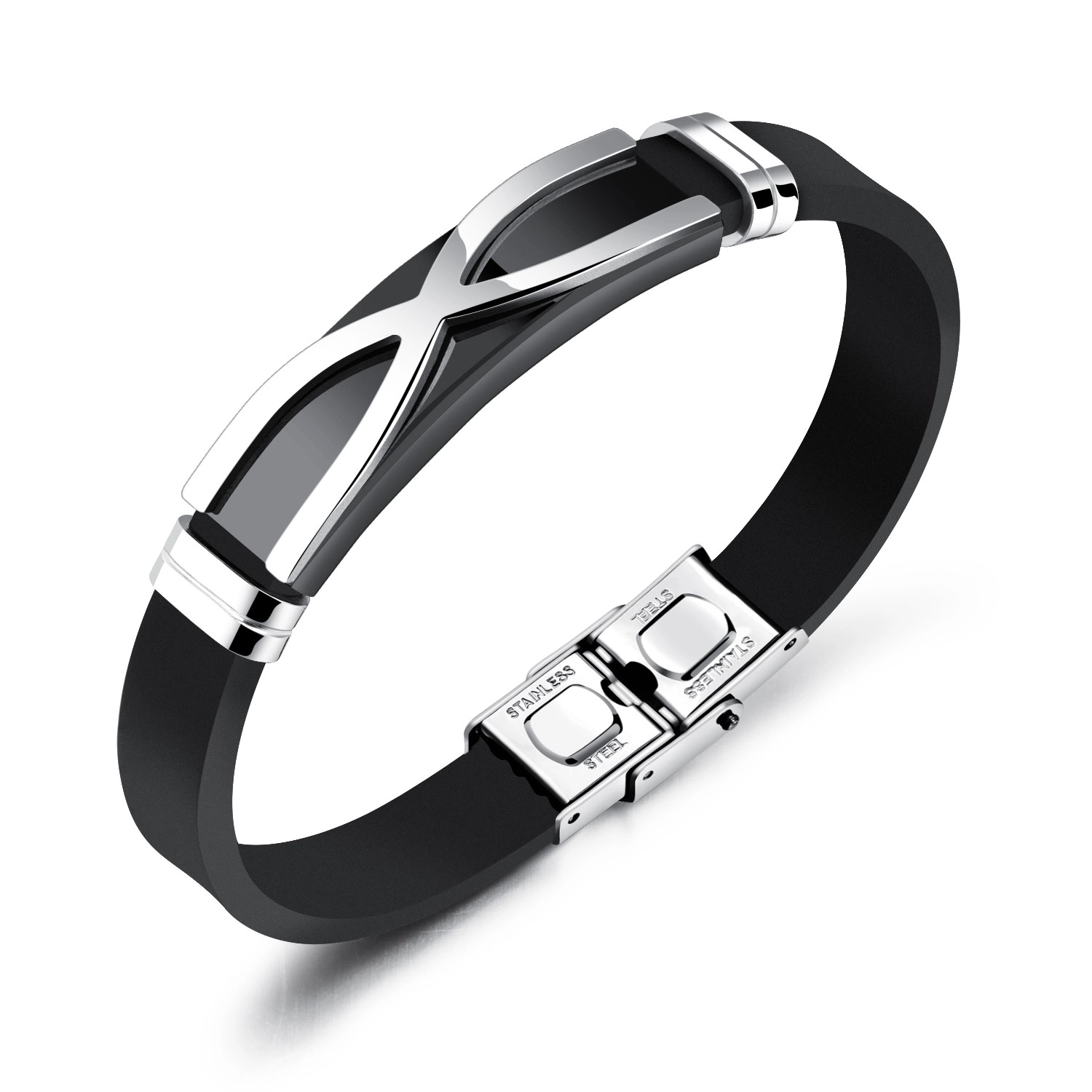 E-shop Šperky Eshop - Čierny gumený náramok, lesklá známka z ocele, prekrížené línie SP79.05