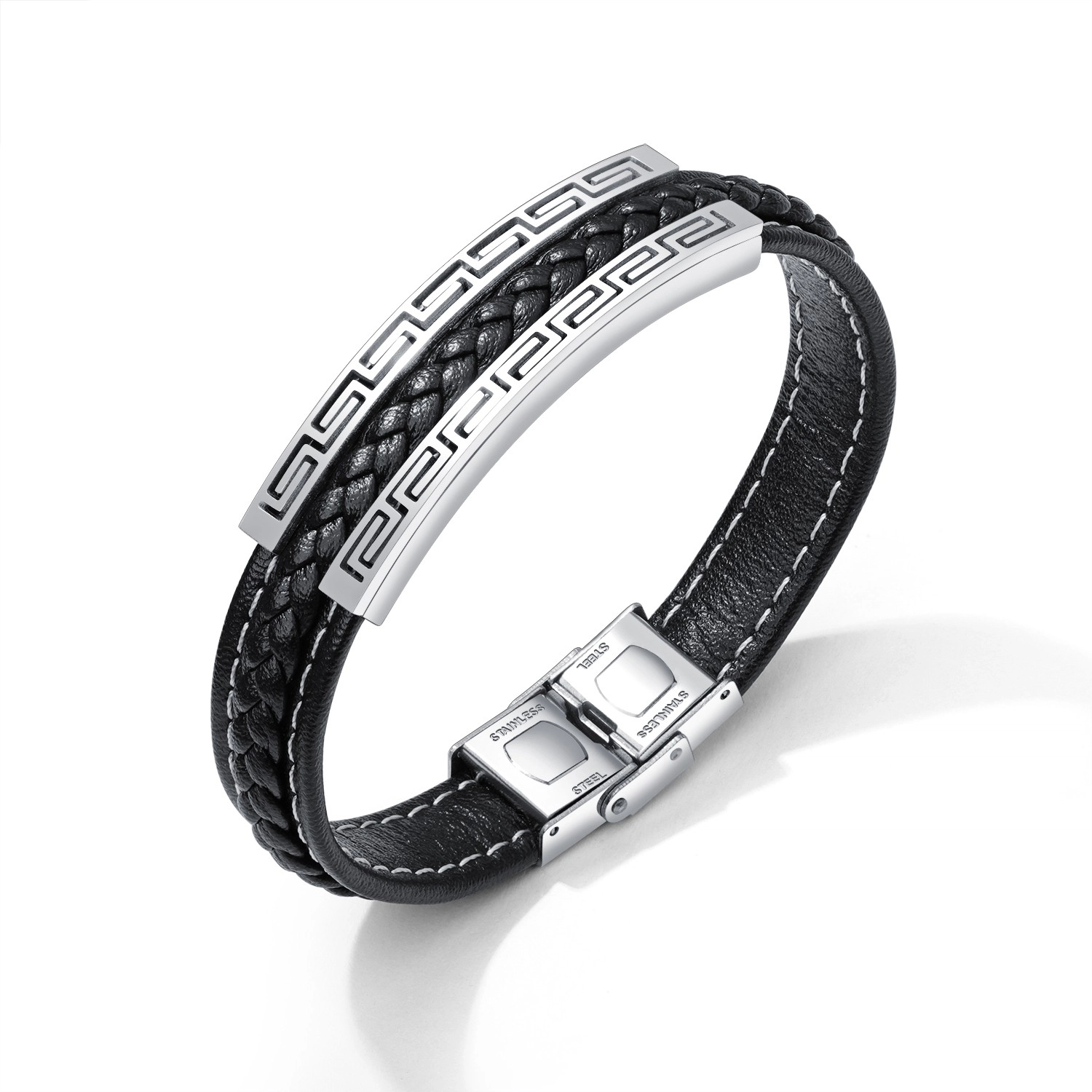 E-shop Šperky Eshop - Čierny koženkový náramok, oceľová známka striebornej farby - grécky kľúč SP79.10