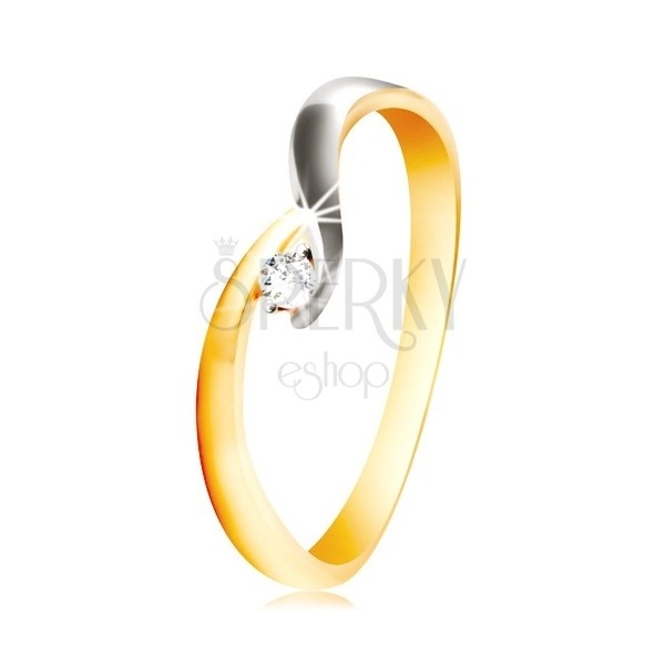 Zlatý prsteň 585 - zahnuté dvojfarebné ramená, trblietavý číry zirkón
