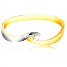 Zlatý prsteň 585 - zahnuté dvojfarebné ramená, trblietavý číry zirkón