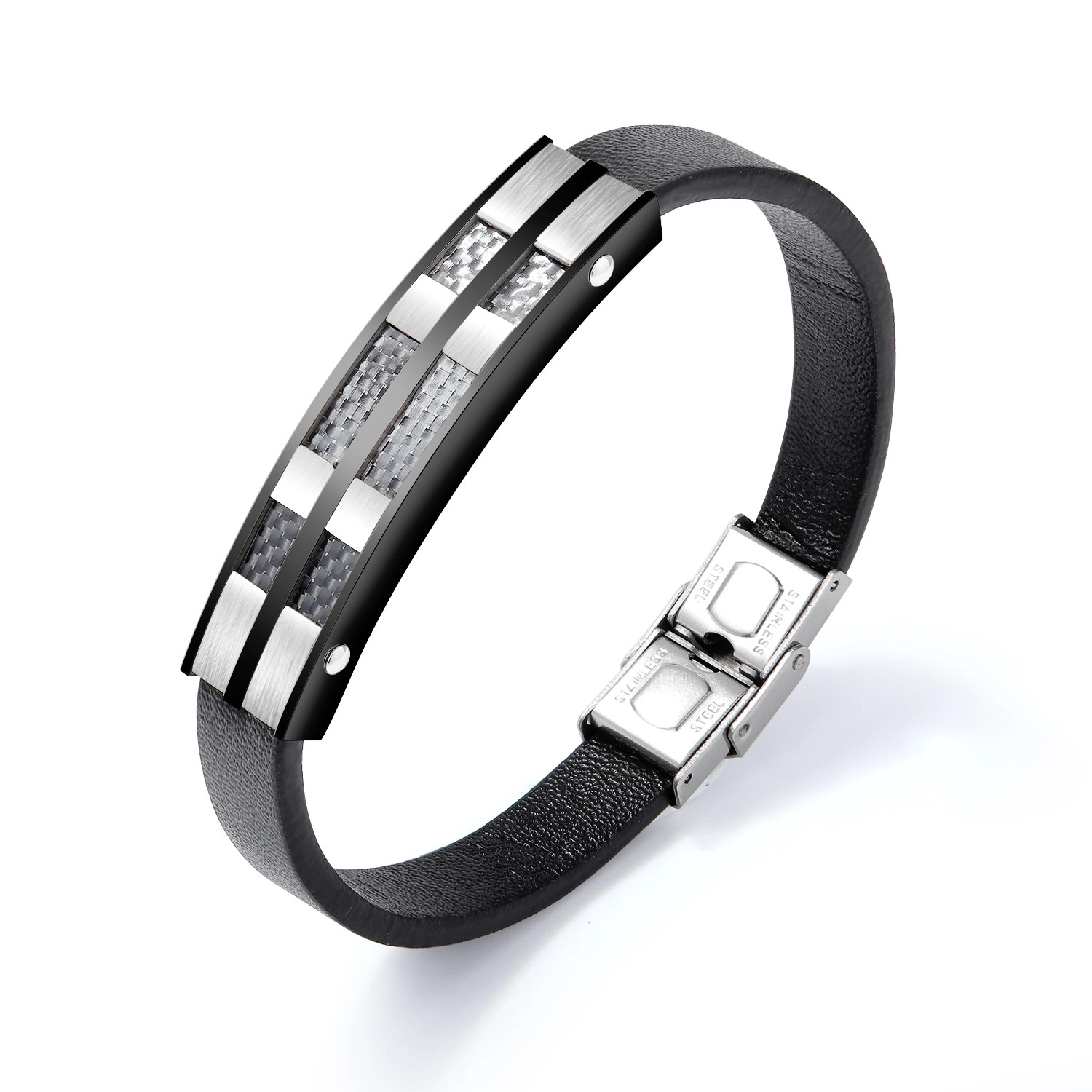 E-shop Šperky Eshop - Čierny koženkový náramok, lesklá známka z ocele čiernej a striebornej farby SP79.20