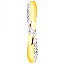 Zlatý 14K prsteň - trblietavý a hladký pás, okrúhly zirkón čírej farby