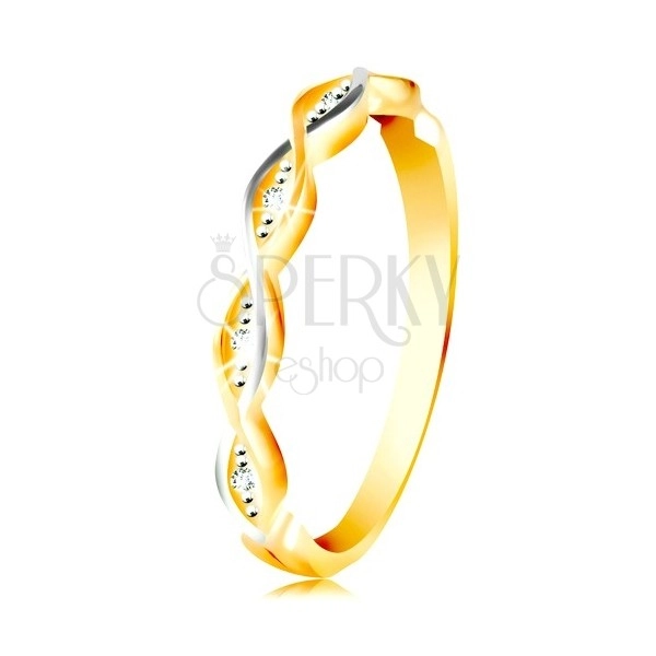 Zlatý prsteň 585 - dve tenké prepletené vlnky z bieleho a žltého zlata, zirkóny