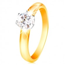 Zlatý 14K dvojfarebný prsteň - číry zirkón v šesťcípom kotlíku, vypuklé ramená