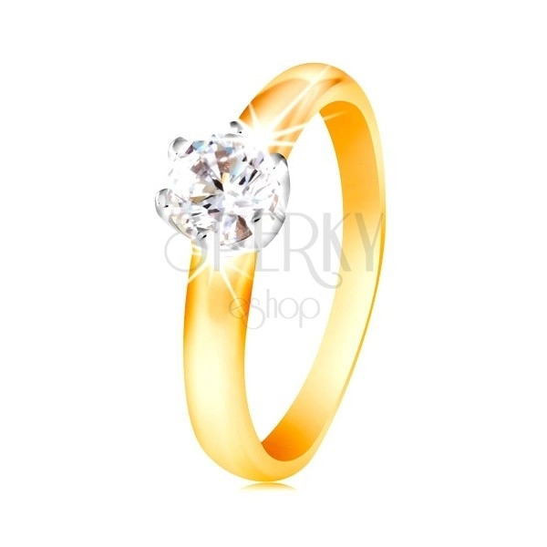 Zlatý 14K dvojfarebný prsteň - číry zirkón v šesťcípom kotlíku, vypuklé ramená