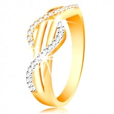 Zlatý prsteň 585 - zirkónové vlnky zo žltého a bieleho zlata, rovné hladké pásy