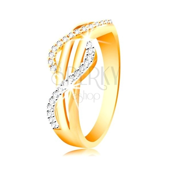 Zlatý prsteň 585 - zirkónové vlnky zo žltého a bieleho zlata, rovné hladké pásy