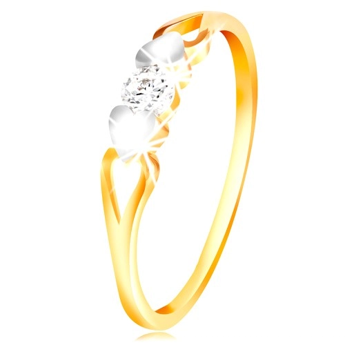 Zlatý prsteň 585 - srdiečka z bieleho zlata, výrezy a číry zirkón uprostred - Veľkosť: 60 mm