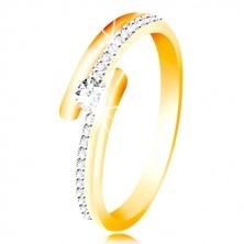 Zlatý prsteň 585 - rozdvojené ramená s kombináciou bieleho zlata, vystúpený okrúhly zirkón čírej farby