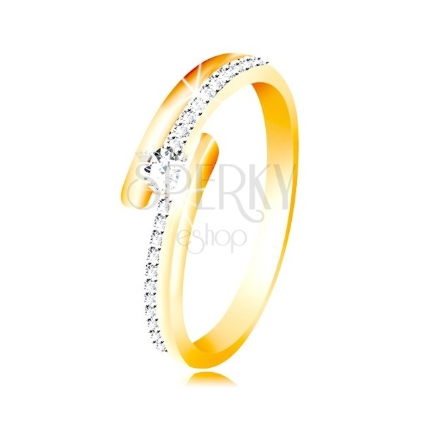 Zlatý prsteň 585 - rozdvojené ramená s kombináciou bieleho zlata, vystúpený okrúhly zirkón čírej farby