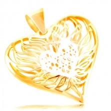 Zlatý prívesok 585 - veľké dvojfarebné srdce, stred z bieleho zlata, plamene okolo