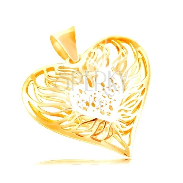 Zlatý prívesok 585 - veľké dvojfarebné srdce, stred z bieleho zlata, plamene okolo