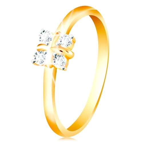 Zlatý 14K prsteň - lesklé zaoblené ramená, štyri číre zirkóny, krížik v strede - Veľkosť: 52 mm