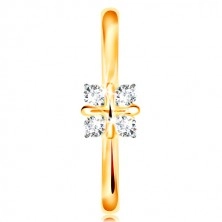 Zlatý 14K prsteň - lesklé zaoblené ramená, štyri číre zirkóny, krížik v strede