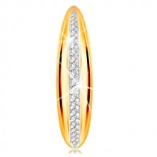 Zlatý 14K prsteň - vypuklý pás s líniou bieleho zlata a čírych zirkónov