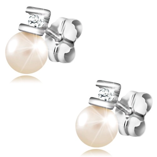 E-shop Šperky Eshop - Briliantové náušnice z bieleho zlata 585 - číry diamant medzi paličkami, perla BT502.35