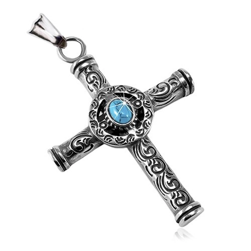 E-shop Šperky Eshop - Mohutný prívesok z ocele 316L, patinovaný keltský kríž s modrým oválom SP82.19