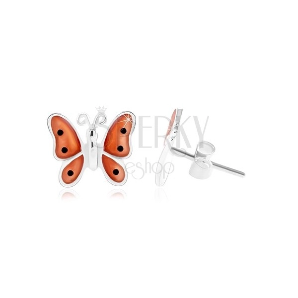 Strieborné 925 náušnice, motýľ s oranžovými glazúrovanými krídlami