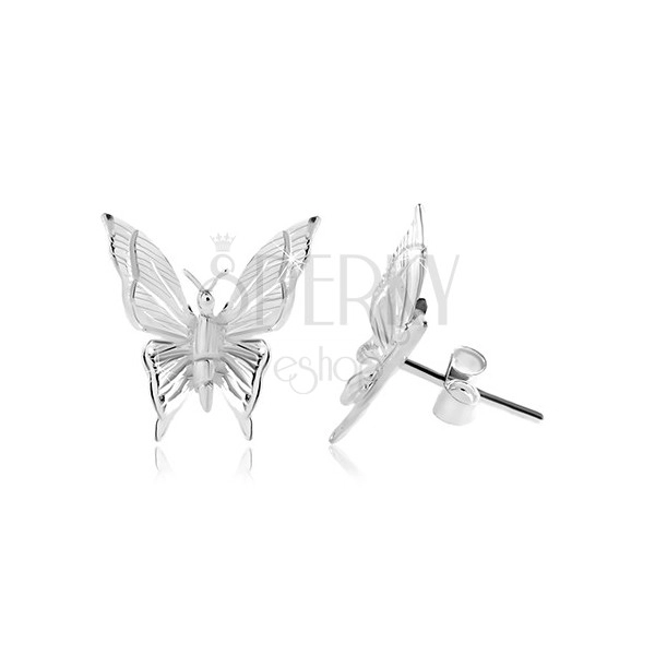 Strieborné 925 náušnice, motýľ s gravírovanými zárezmi na krídlach